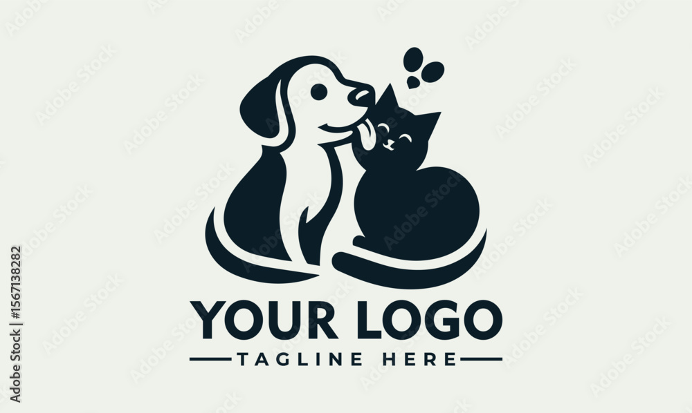 Obraz premium A stylized logo depicting a dog and cat interacting playfully with a butterfly.