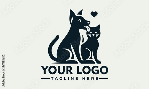 A logo design featuring a dog and cat in a loving, affectionate pose.