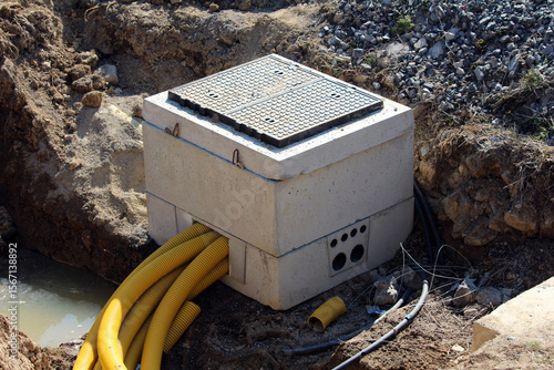 A concrete utility junction box is partially buried at a construction site, with multiple yellow corrugated conduit pipes entering its side, indicating active underground cable installation