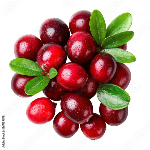 Close-up view of ripe cranberries with vibrant red hues and green leaves, a delightful treat