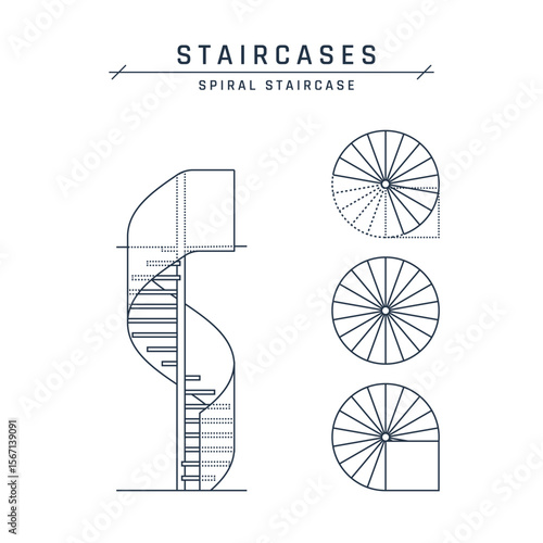 Spiral staircase. Front and top view for architectural blueprints, drawings. Sketch of outlined round stairs with handrails. Vector illustration isolated on a white background in flat style.