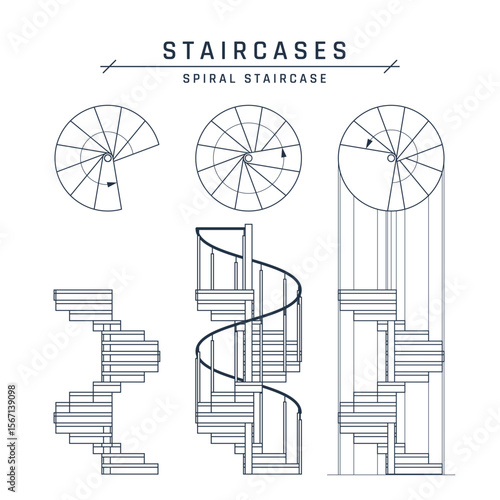 Spiral staircases set. Side and top view for architectural blueprints, drawings. Sketch of outlined circular stairs with handrails. Vector illustration isolated on a white background in flat style.