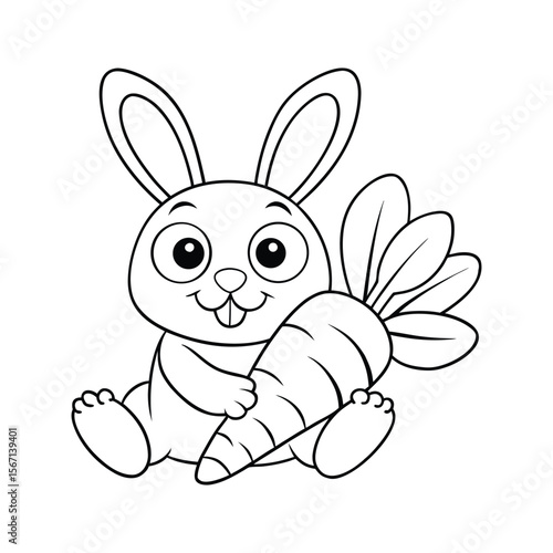 A baby bunny holding a giant carrot for kids coloring book vector illustration.