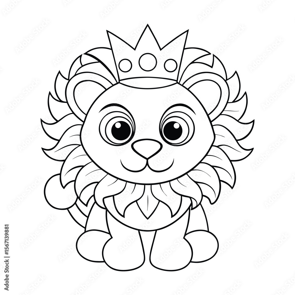 Fototapeta premium A lion cub wearing a small crown for kids coloring book vector illustration.