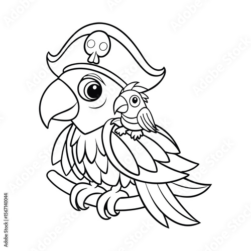 A parrot sitting on a pirates shoulder for kids coloring book vector illustration.