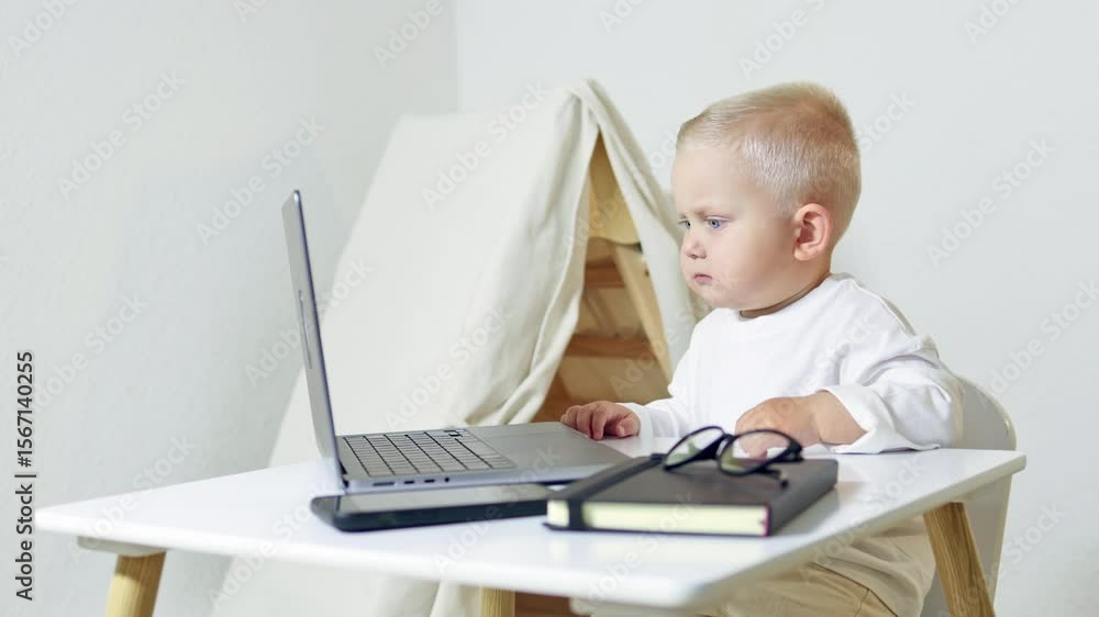 Boy in glasses sitting at a table at the computer. Kid businessman working on a laptop at home. Toddler playing entrepreneur. Portrait of a boy playing with a computer in the office. Boy in glasses sitting at a table at the computer. Kid businessman working on a laptop at home. Toddler playing entrepreneur. Portrait of a boy playing with a computer in the office.