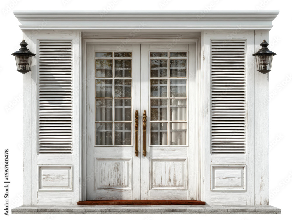 Fototapeta premium Elegant double door entrance residential area architecture daylight front view isolated on transparent background