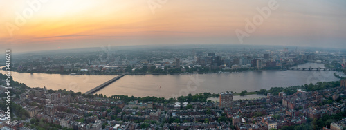 Panoramic view of Boston at sunset over the Charles River.