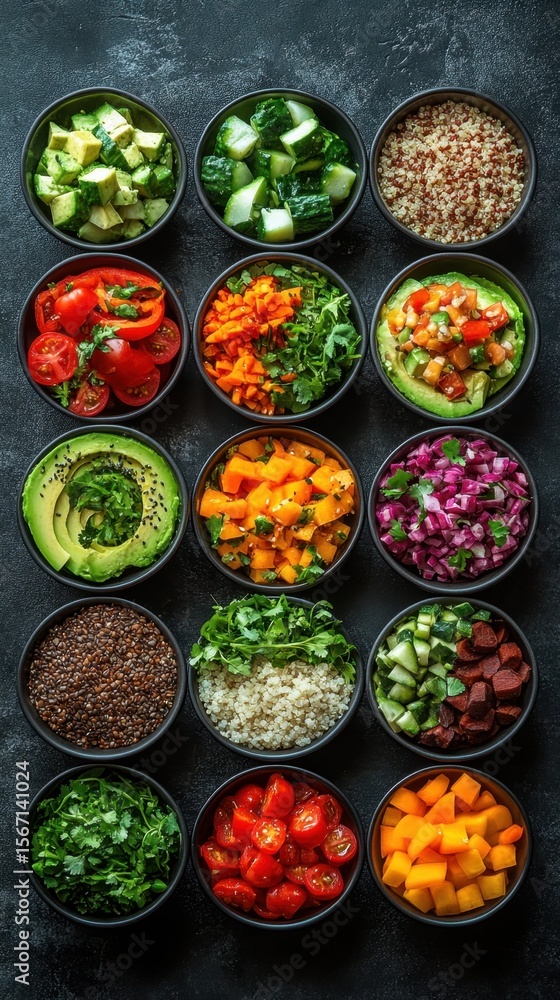 Variety of bowls of different vegetables vegan food food background vertical background Variety of bowls of different vegetables vegan food food background vertical background