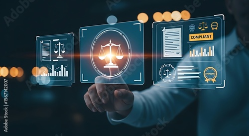 Wallpaper Mural Corporate governance and compliance concept. Hand touches a justice scale icon on a digital interface with legal documents and "COMPLIANT" seals. Torontodigital.ca