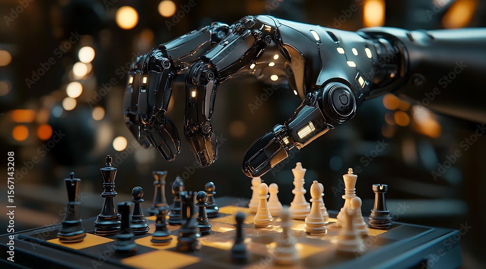 Robotic hand plays chess game robot hand chess pieces Robotic hand plays chess game robot hand chess pieces