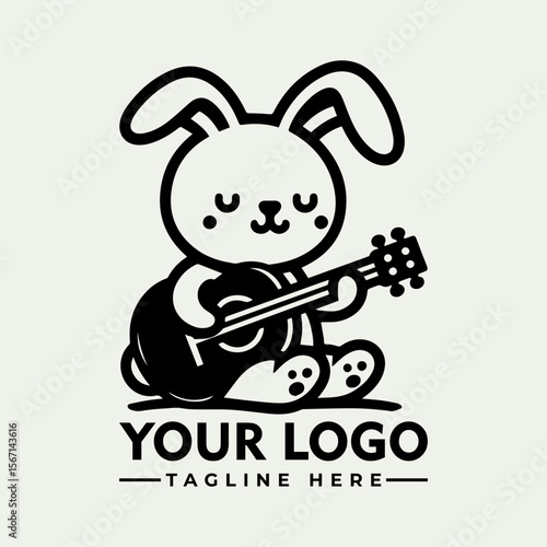 A cute cartoon bunny serenades with an acoustic guitar, a charming logo design.