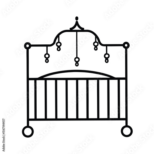 baby crib with hanging mobile toys  black line art