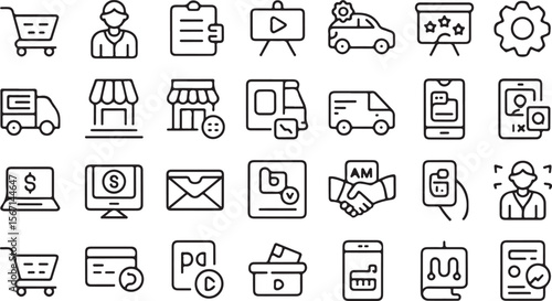 Shopping cart person clipboard presentation car gear shop delivery van phone mail handshake person icon