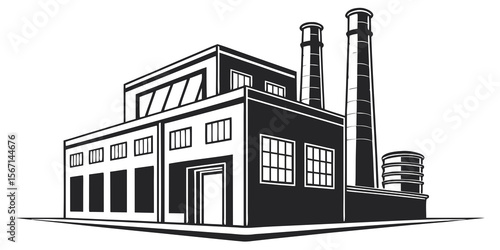 Stylized black and white illustration of a large industrial factory building with tall smokestacks isolated on white background