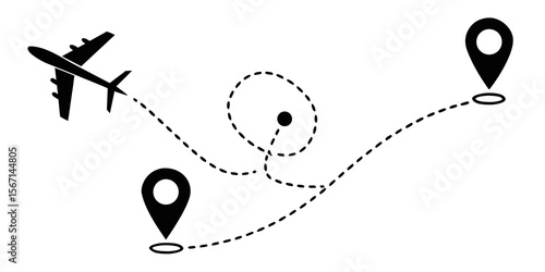 Black airplane icon with dashed flight path and location pins isolated on white background
