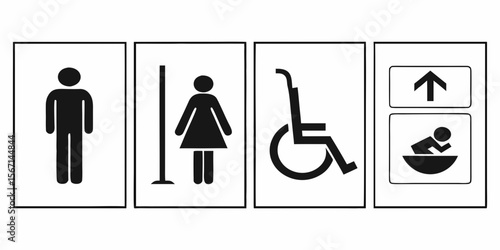 Collection of universal pictograms for men women wheelchair accessible and baby changing facilities isolated on white background