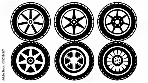 Collection of six stylized black car wheels and tires with different rim designs isolated on white background