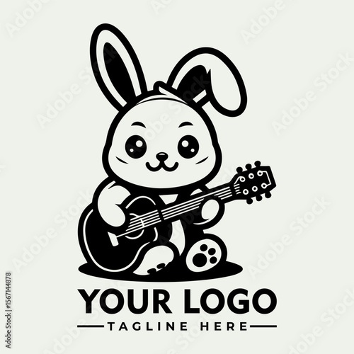 A charming cartoon bunny happily seated and playing an acoustic guitar.