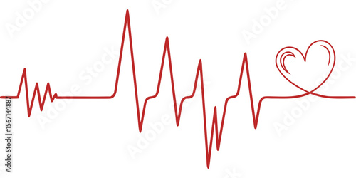 Continuous red line electrocardiogram waveform with a heart shape at the end isolated on white background