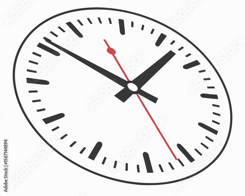 Classic analog clock face with black hands and a red second hand isolated on white background