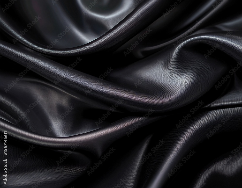 Fototapeta premium abstract dark wavy fabric texture background smooth black satin surface with deep folds and soft highlights