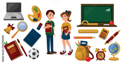 School supplies on a white background, schoolboy and schoolgirl - Vector illustration