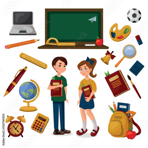 School supplies on a white background, schoolboy and schoolgirl - Vector illustration