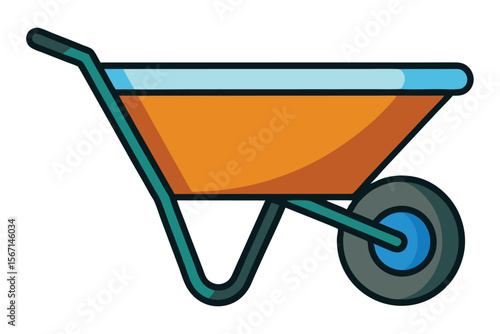 Illustration of an Orange Wheelbarrow with Blue Accents and a Dark Gray Tire for Yard Work and Gardening