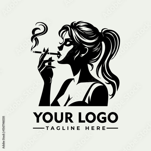 Stylish monochrome logo featuring a woman smoking a cigarette, elegant design for branding.