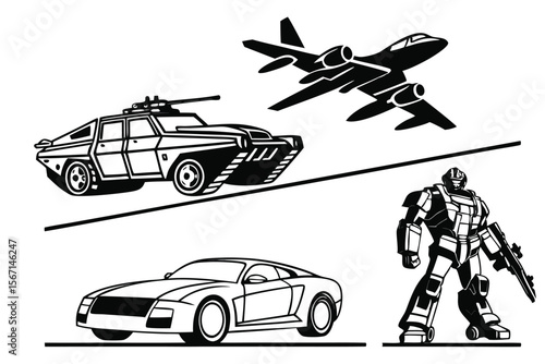 Dynamic Showdown Black and White Vector Graphic Featuring a Tank, Jet, Car, and Armed Futuristic Soldier