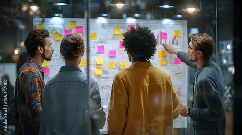 Team reviewing a whiteboard covered in sticky notes during a late night brainstorming session at the office