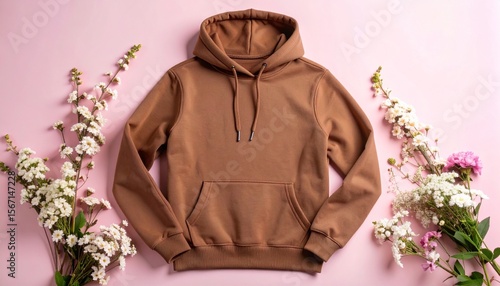 Brown Hoodie Mockup with Flowers, and Pink Backdrop.