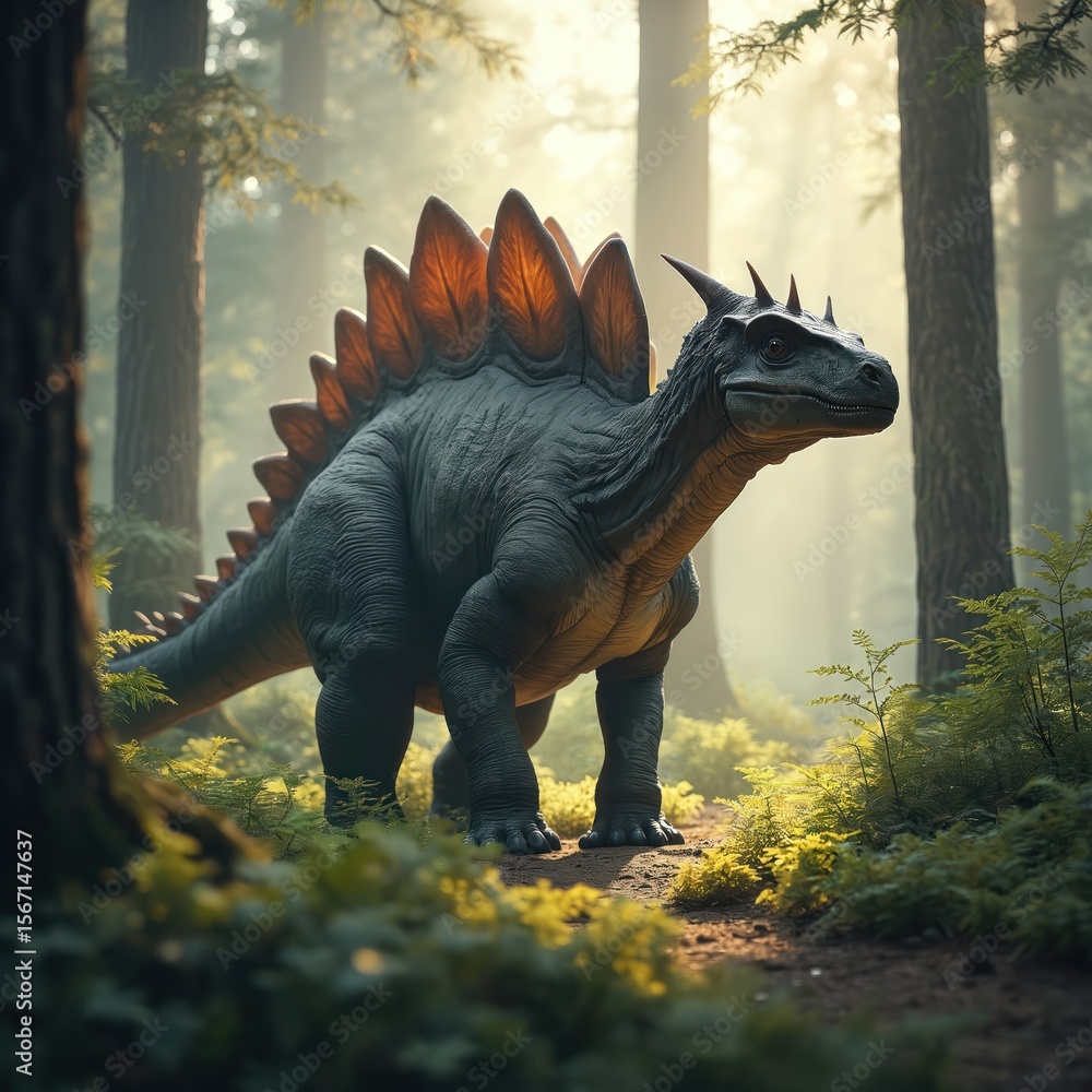 Fototapeta premium Stegosaurus, dinosaur, in forest. Ancient reptile from jurassic era. Forest with sunlight, plants, trees. Creature stands, looks around on forest trail. Prehistoric animal, wildlife.