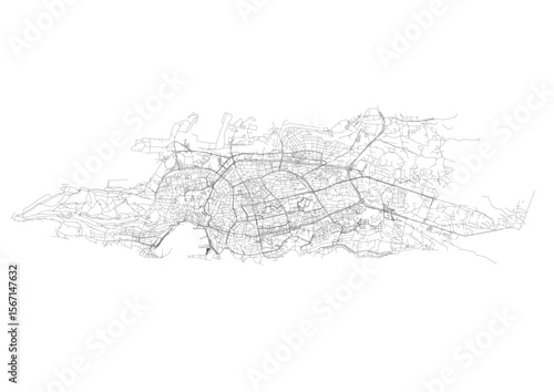 Vector map of Split, Croatia, specifically highlighting its extensive highway network. The focus is on the intricate road infrastructure within the city's urban landscape.