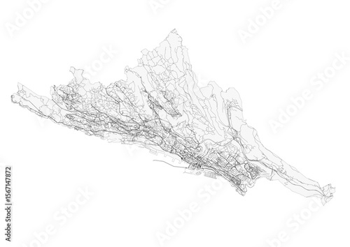 Vector map of Rijeka, Croatia, specifically highlighting its extensive highway network. The focus is on the intricate road infrastructure within the city's urban landscape.