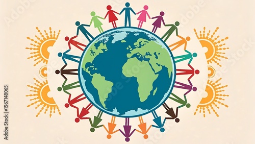 Diverse people holding hands around the earth with sun symbols isolated on white background
