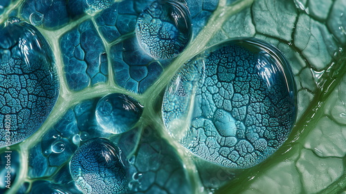 Microscopic view of water droplets on a leaf with cellular texture