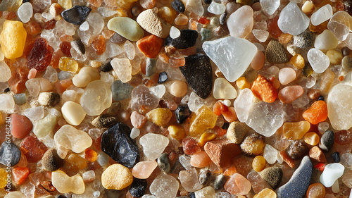 Zoomed-in microscopic view of sand grains on a beach showing color variety