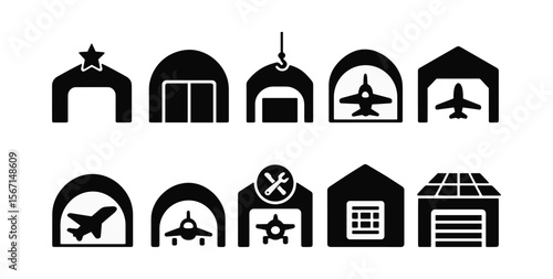 Airplane hangar solid icon set. aviation, airport infrastructure included