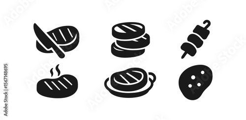 Barbecue solid icon set. grill, food, meat, steak, skewer symbols in solid style