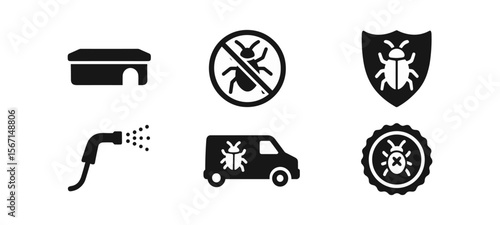 Pest control solid icon set. bug prevention, extermination security symbols collection
