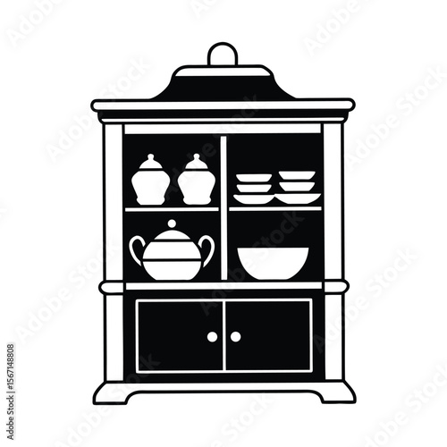 dining hutch filled with crockery  line art  white