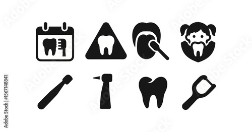 Dental hygiene silhouette icon set. tooth care, floss, and brush silhouettes
