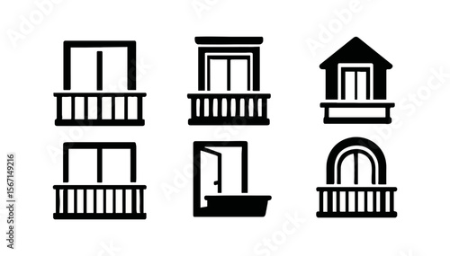 Balcony, patio silhouette icon set. terrace, deck symbols for architecture projects