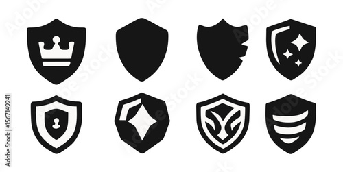 Security and protection silhouette icon set. shields and defense symbols collection