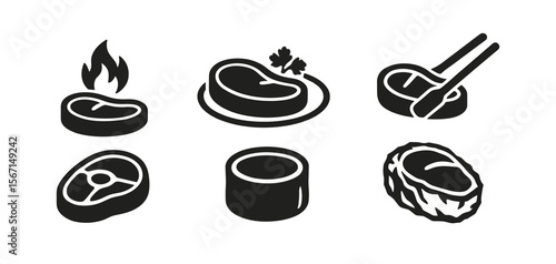 Meat cutting solid icon set. steak, bbq, culinary icons solid collection