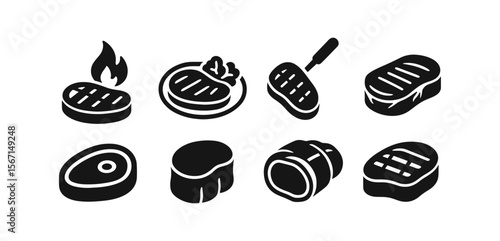 Grilled, barbecue solid icon set. steak, meat cooking icons in solid style