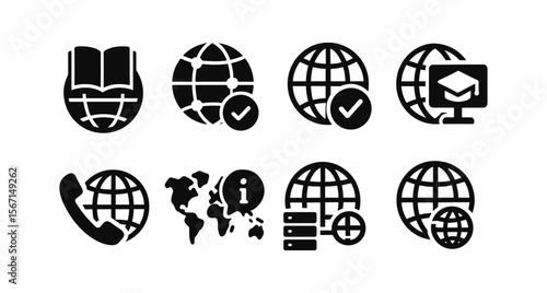 Education, global connectivity solid icon set. online learning, communication icons