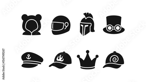 Hat icon set. silhouette collection of caps, helmets, crowns, and unique headwear